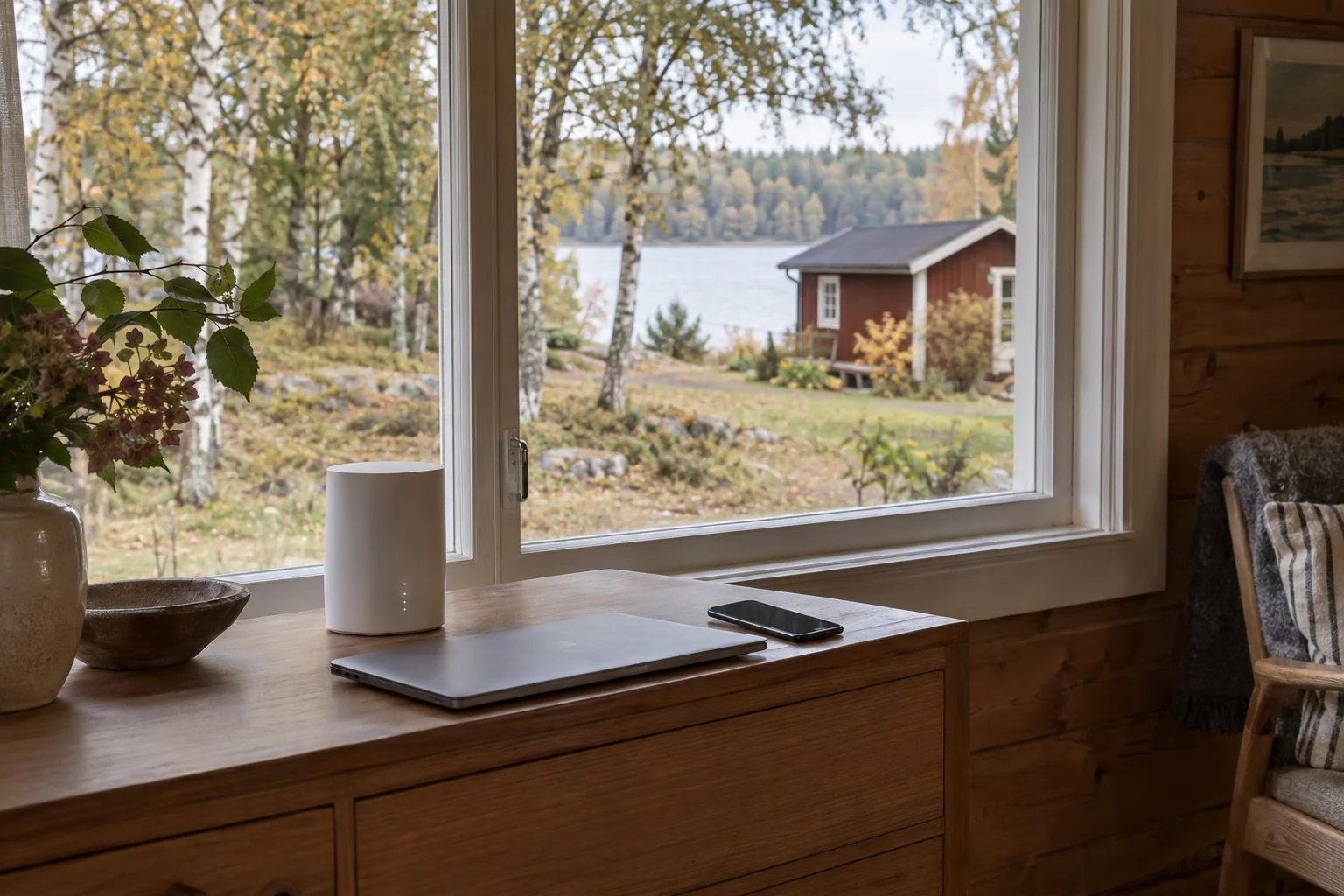Router vid fönstret i en sommarstuga, med ett gästhus utanför.