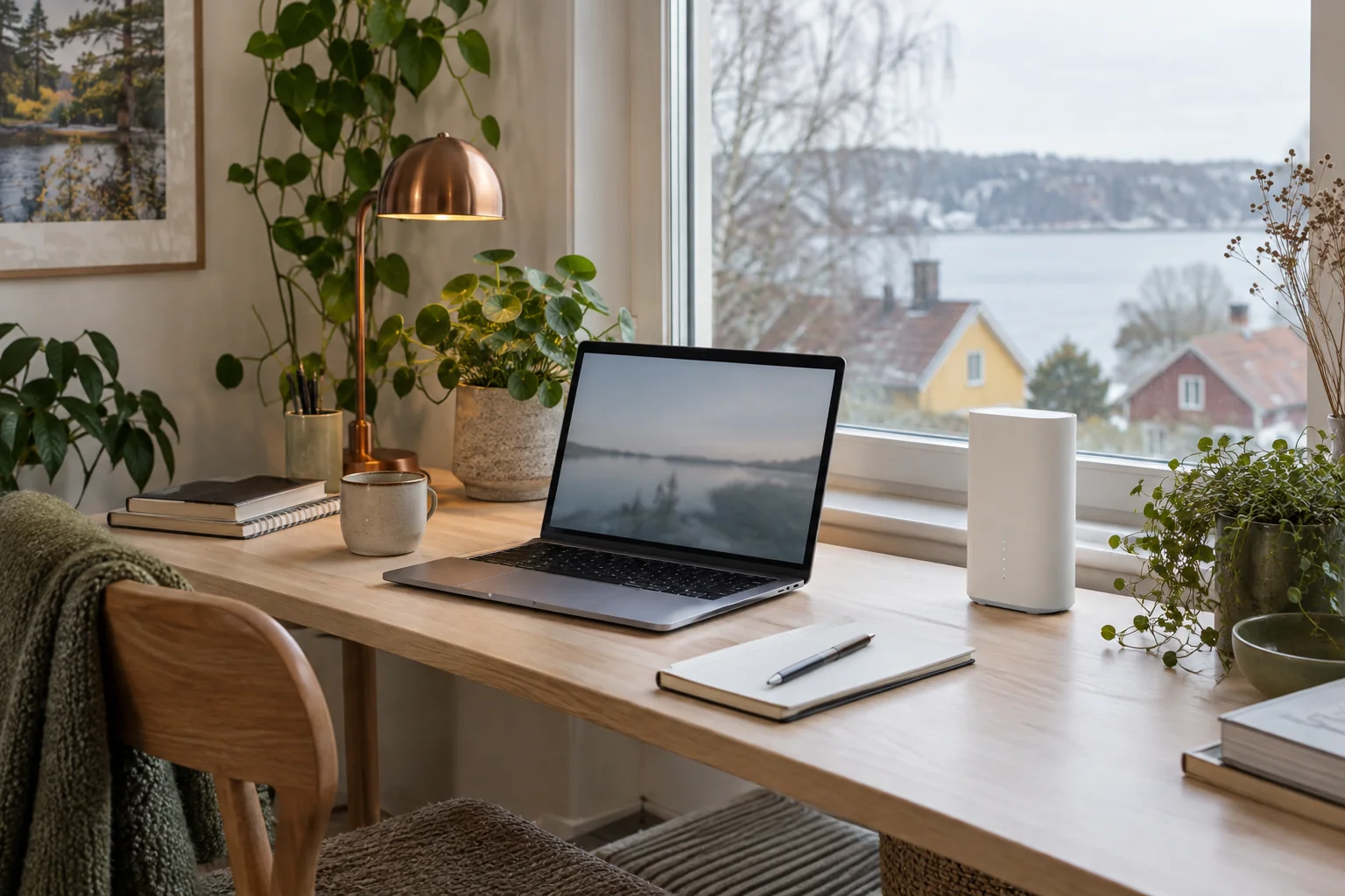 Arbetsplats hemma med en router intill fönstret.