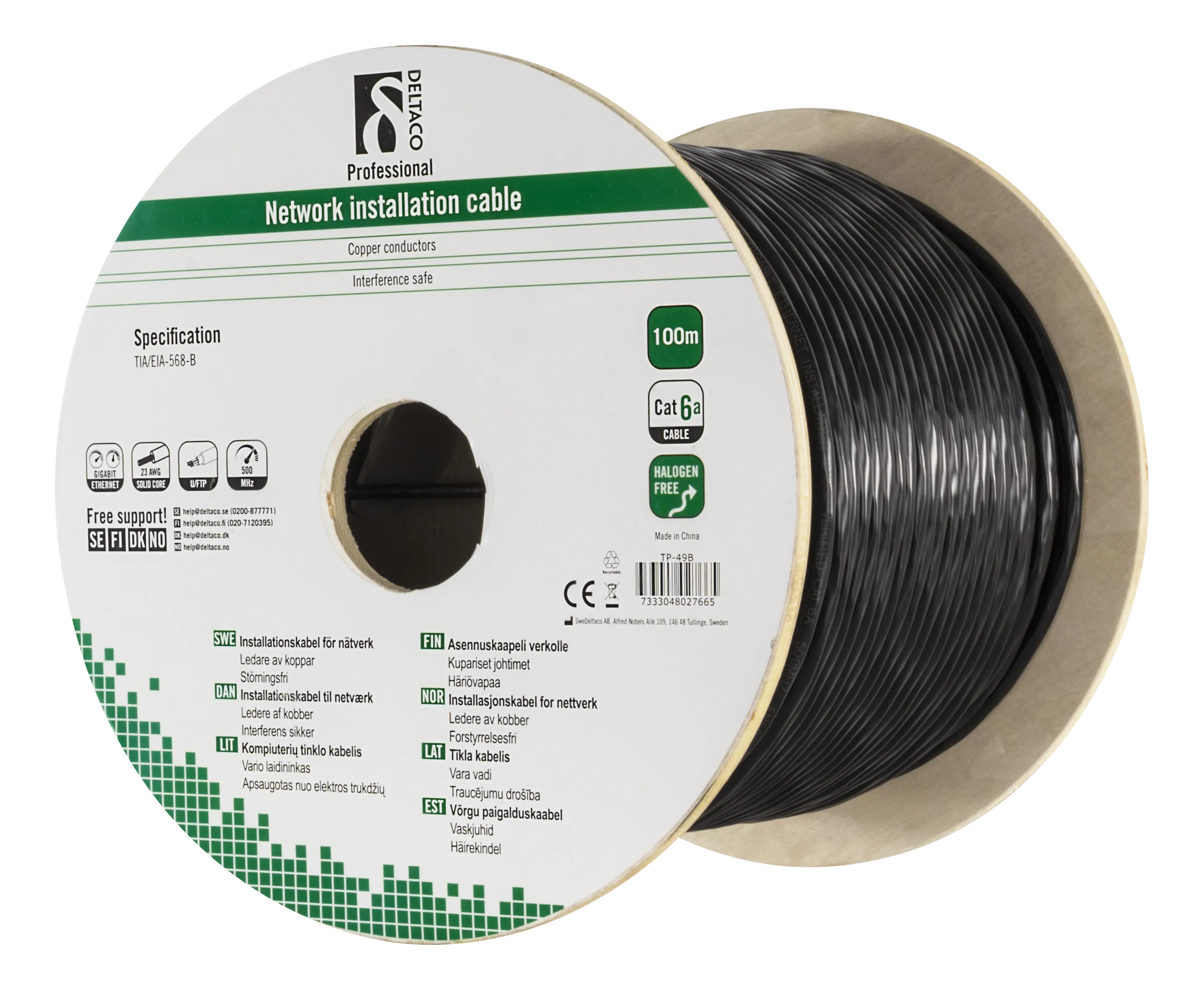 DELTACO U/UTP Cat6a installation cable, 100m drum, 500MHz, LSZH, black