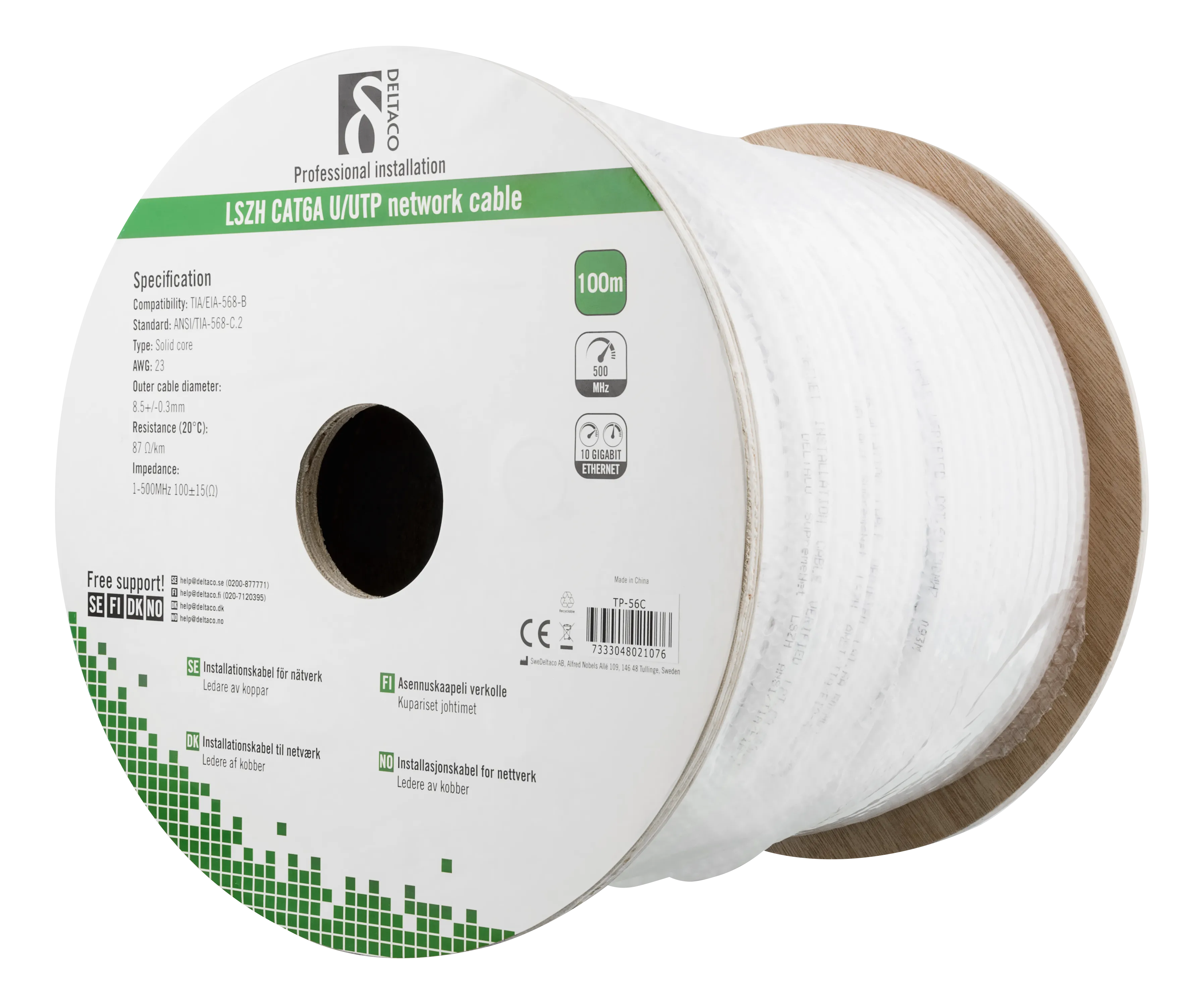 DELTACO U/UTP Cat6a installation cable, 100m drum, 500MHz, LSZH, white